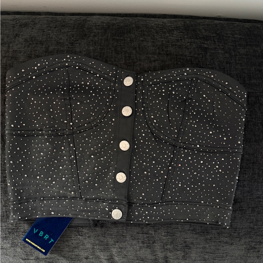 Rhinestone Studded Black Strapless Top